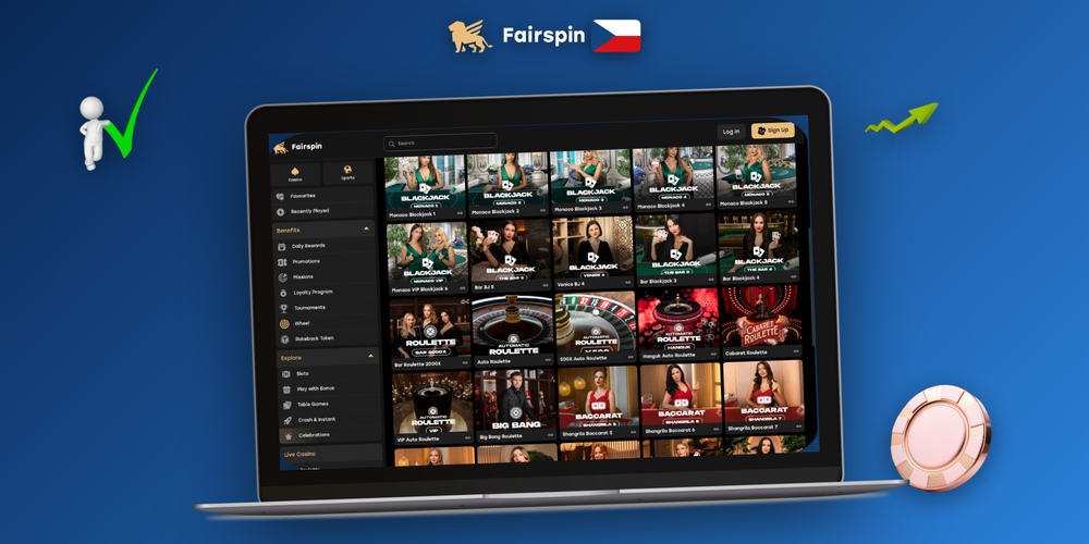Fairspin Casino na PC zobrazené na monitoru stolního počítače s herní lobby a live chatem