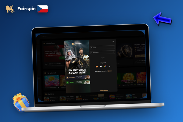 Fairspin Casino CZ registrace e-mailem – notebook s českou stránkou a kreditní kartou na stole