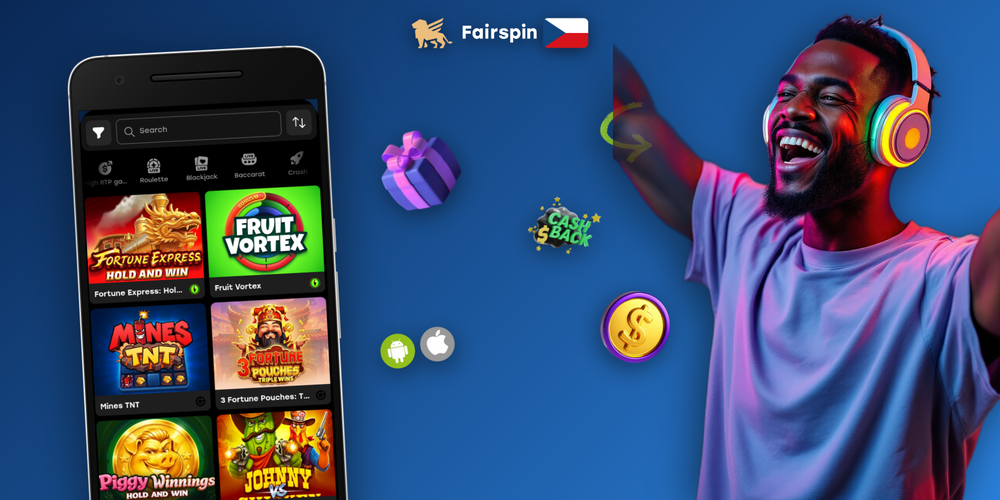 Tři obrazovky Fairspin Casino aplikace: automaty, živé kasino a sportovní sázky